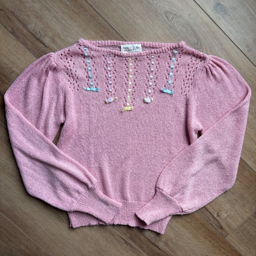 Vintage Import L Pink Sweater Coquette Cottagecore Ribbon Puff Sleeve Knit